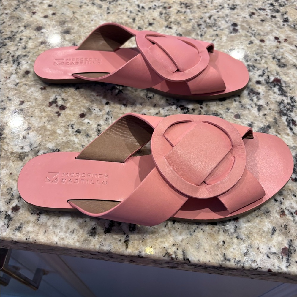 MERCEDES CASTILLO Coral Pink Leather Slide Mules with Decorative Buckle